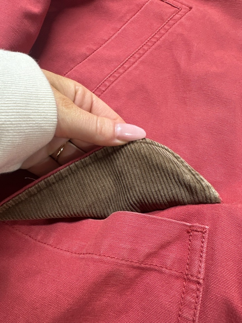 L.L. Bean Coral-Red Canvas Jacket with Brown Corduroy Collar - Picture 2 of 3